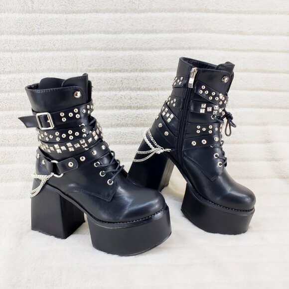 Ocho Torres Shoes - Power Stomper Black Chain Stud Strap Goth Punk Platform Block Heel Ankle Boots